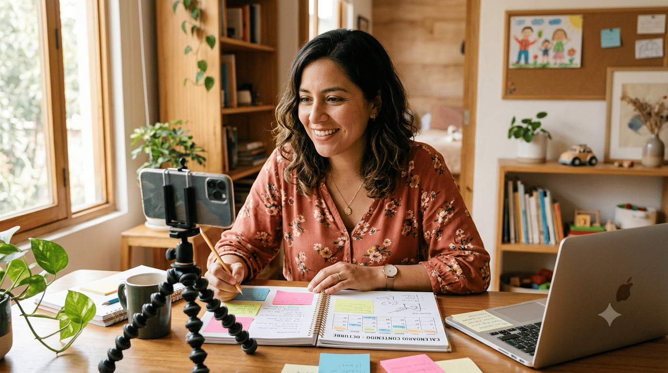 Una mamá latina emprendedora, de unos 30 años, creando  contenido desde casa con su teléfono en un pequeño trípode  sobre la mesa.