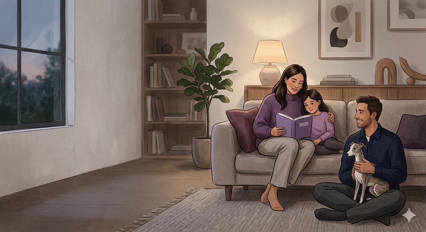 Familia compartiendo una lectura en casa en un ambiente tranquilo.